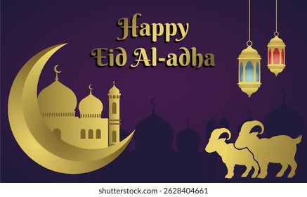 Feliz Vector Eid Al-Adha – Luna creciente dorada, silueta de mezquita y linternas
