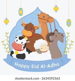 Ilustração vetorial feliz Eid al-Adha. Vetor plano bonito de animais de quarbana (vaca, cabra, ovelha, camelo, búfalo) no arco da mesquita com lanternas. Ótimo para cartões, mídias sociais, banners e conteúdo islâmico