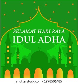 Happy Eid Al-Adha. Vector mosque and goat background as the hallmark of the Eid al-Adha event with a green background.