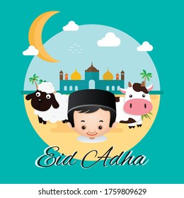 
Happy Eid Al-Adha, vector with sheep and people