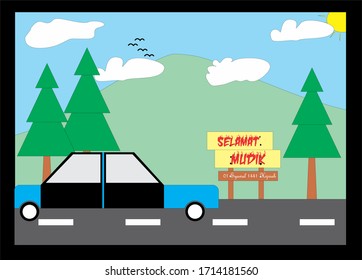 Happy Eid Al-Fitr 1 Shawwal 1441 Hijri, herzlichen Glückwunsch zu der Rückkehr nach Hause mit einem Auto-Design mit schöner Naturlandschaft