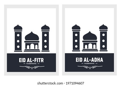 Happy Eid Al-Fitr and Happy Eid Al-Adha, with a mosque illustration.  illustrations for Islam, Ramadan, Eid, Eid greetings.  minimalist flat design eps10.