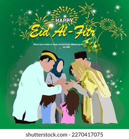 Happy Eid Al-Fitr is another language for happy eid mubarak in Indonesia. Muslim family blessing Eid al-Fitr to grandparents and other extended family