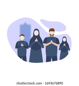 Feliz Eid Al-Fitr con la familia musulmana, ilustración vectorial.