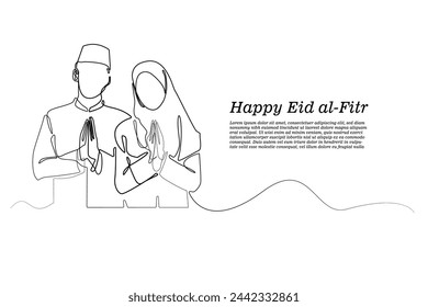 Feliz Eid al-Fitr. Hombres y mujeres musulmanes dan saludos trazados en líneas continuas. para pancartas, tarjetas de felicitación de Eid al-Fitr