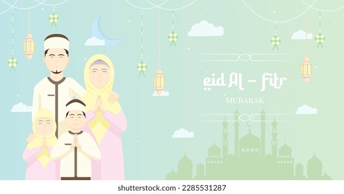 Feliz diseño de pancartas de Eid Al-Fitr, concepto de familia islámica.