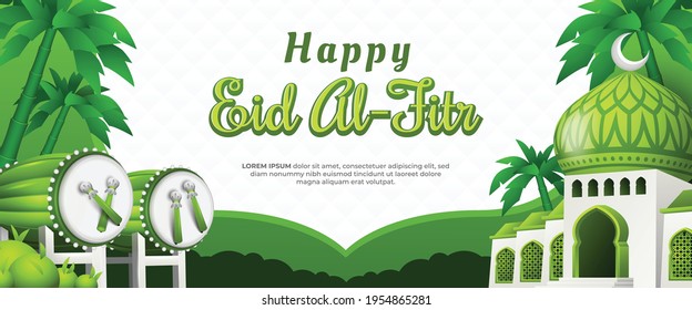 Happy Eid Al-Fitr Banner with Green Bedugs and a Mosque