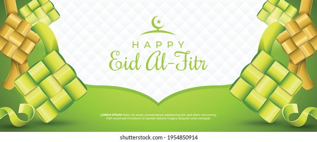 Happy Eid Al-Fitr Banner with Realistic Ketupats