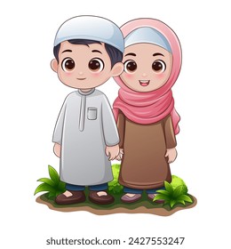 Feliz clipart de Eid Al-Fitr, un par de alegres niños musulmanes están de pie usando hermosa ropa musulmana