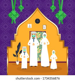Happy Eid al-Fitr of Cute Muslim Family Illustration at Home Who are Wearing Mask during Quarantined Covid19 Virus Pandemic. Stay Safe and Pray at Home. With Viruses Background