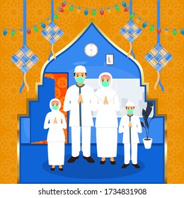 Happy Eid al-Fitr of Cute Muslim Family Illustration at Home Who are Wearing Masks during Quarantined Covid19 Virus Pandemic. Stay Safe and Pray at Home. With Viruses Background