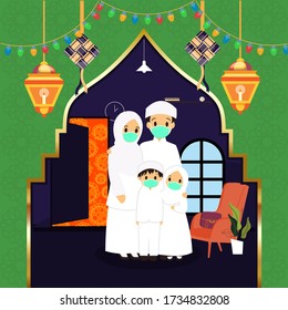 Happy Eid al-Fitr of Cute Muslim Family Illustration at Home Who are Wearing Mask during Quarantined Covid19 Virus Pandemic. Stay Safe and Pray at Home. With Viruses Background