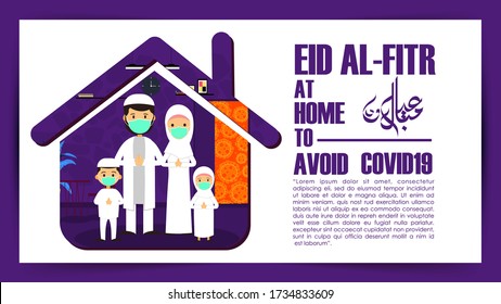 Happy Eid al-Fitr of Cute Muslim Family Illustration at Home Who are Wearing Mask during Quarantined Covid19 Virus Pandemic. Stay Safe and Pray at Home. With Viruses Background