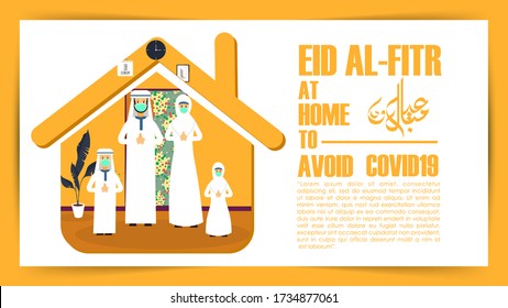 Happy Eid al-Fitr of Cute Muslim Family Illustration at Home Who are Wearing Mask during Quarantined Covid19 Virus Pandemic. Stay Safe and Pray at Home. With Viruses Background