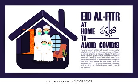 Happy Eid al-Fitr of Cute Muslim Family Illustration at Home Who are Wearing Mask during Quarantined Covid19 Virus Pandemic. Stay Safe and Pray at Home. With Viruses Background
