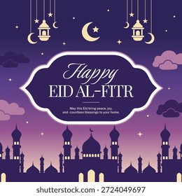 Happy Eid al-Fitr Decorative Frame Greeting with Islamic Architecture and Starry Night Background.