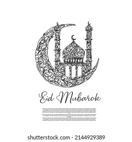 
Happy Eid Al-Fitr doodle art. mosque doodle vector with moon for eid greeting card.