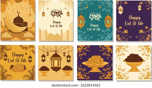 Feliz Eid Al-Fitr: Ilustrações festivas com mesquitas, lanternas e doces
