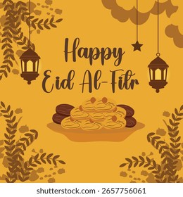 Happy Eid Al-Fitr: Festliche Illustrationen mit Moscheen, Laternen und Süßigkeiten