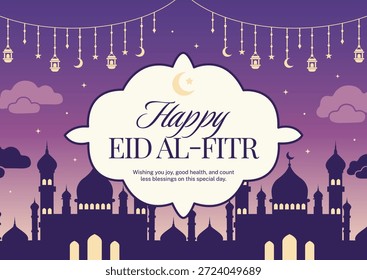 Banner feliz de saudação Eid al-Fitr com Silhueta de mesquita decorativa e lanternas suspensas islâmicas.
