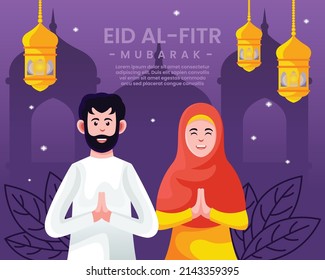 Happy Eid al-Fitr greeting card Poster design with two Muslim greetings.