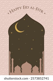 Happy Eid Al-Fitr greeting card with mosque, crescent moon and islamic pattern in boho style. Vector illustration ramadan for greeting card, poster and banner.