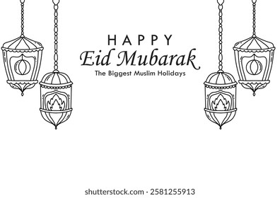 Happy Eid al-Fitr greeting card, vector design, line art, minimalist, simple, lantern, black and white, Islamic