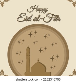 Happy Eid al-Fitr greetings on a brown circle background with a mosque shadow motif