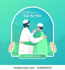 Happy Eid Al-Fitr with handshake and hug flat design concept