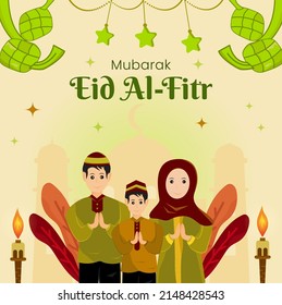 Happy Eid Al-Fitr illustration concept with people's family character. Can be used for banners, background images, social media, and greeting card