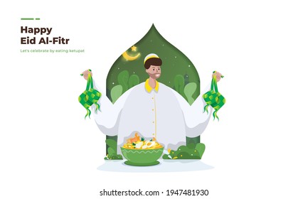Happy Eid Al-Fitr With Illustration Of A Muslim Holding Ketupat Or Traditional Food During Islamic Mubarak Holidays 
