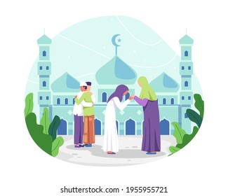 Happy Eid al-fitr illustration. Muslim people celebrating Eid al-fitr, Muslim man hugging and wishing each other. Muslim woman kissing her mother hand, Tradition of Eid al-Fitr. Vector in a flat style