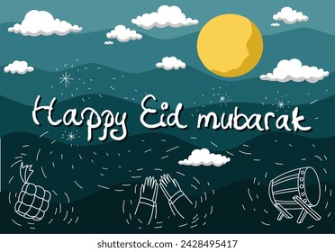 Happy Eid Al-Fitr landscape wallpaper with moon and night background