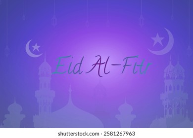 Happy Eid al-Fitr with mosque silhouette and purple gradient background