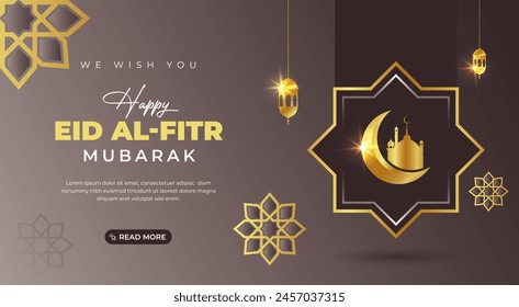 Happy eid al-fitr mubarak greeting design background illustration with gold islamic flower pattern for muslim festival