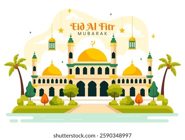 Happy Eid Al-Fitr Mubarak Illustration featuring a Mosque and a Muslim Celebration on this Special Day, Bringing Peace and Happiness to Everyone