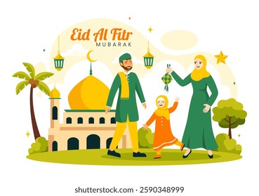 Happy Eid Al-Fitr Mubarak Illustration featuring a Mosque and a Muslim Celebration on this Special Day, Bringing Peace and Happiness to Everyone