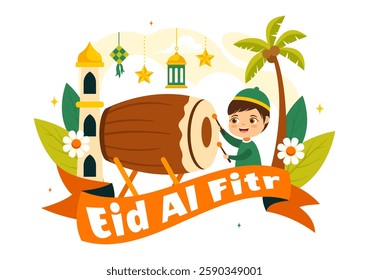 Happy Eid Al-Fitr Mubarak Illustration featuring a Mosque and a Muslim Celebration on this Special Day, Bringing Peace and Happiness to Everyone