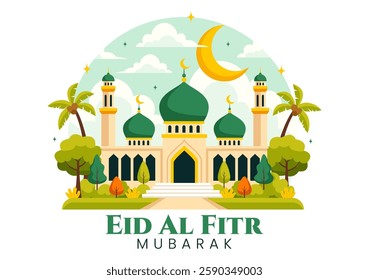 Happy Eid Al-Fitr Mubarak Illustration featuring a Mosque and a Muslim Celebration on this Special Day, Bringing Peace and Happiness to Everyone