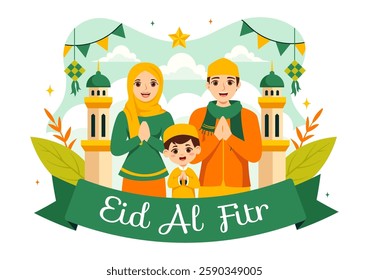 Happy Eid Al-Fitr Mubarak Illustration featuring a Mosque and a Muslim Celebration on this Special Day, Bringing Peace and Happiness to Everyone