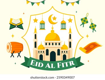 Happy Eid Al-Fitr Mubarak Illustration featuring a Mosque and a Muslim Celebration on this Special Day, Bringing Peace and Happiness to Everyone