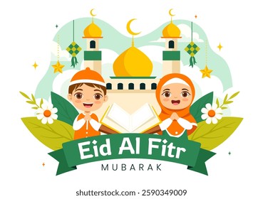 Happy Eid Al-Fitr Mubarak Illustration featuring a Mosque and a Muslim Celebration on this Special Day, Bringing Peace and Happiness to Everyone