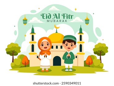 Happy Eid Al-Fitr Mubarak Illustration featuring a Mosque and a Muslim Celebration on this Special Day, Bringing Peace and Happiness to Everyone