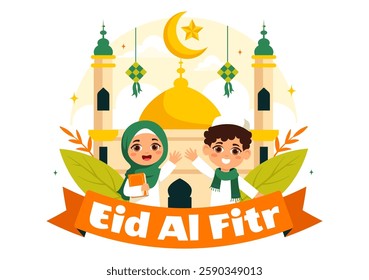 Happy Eid Al-Fitr Mubarak Illustration featuring a Mosque and a Muslim Celebration on this Special Day, Bringing Peace and Happiness to Everyone