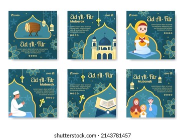 Happy Eid Al-Fitr Mubarak Post Template Flat Design Illustration Editable of Square Background for Social Media, Poster ot Greeting Card