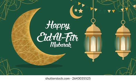 Banner vetorial do Happy Eid Al-Fitr Mubarak - Lua, Lanternas e Elementos Festivos