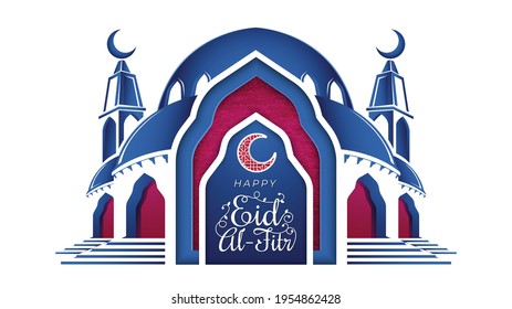 Feliz Eid Al-Fitr con mezquita de corte de papel