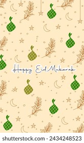 Fondo de pantalla de retrato de feliz Eid Al-Fitr con un fondo de luna, estrellas y tallos de hojas