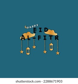 Afiche de feliz Eid Al-Fitr o diseño de invitación con estrellas, linternas, nubes y luna con fondo azul