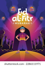 Happy Eid Al-Fitr or Ramadan Kareem poster design with illustration concept of the joy of Eid al-Fitr. vector illustration